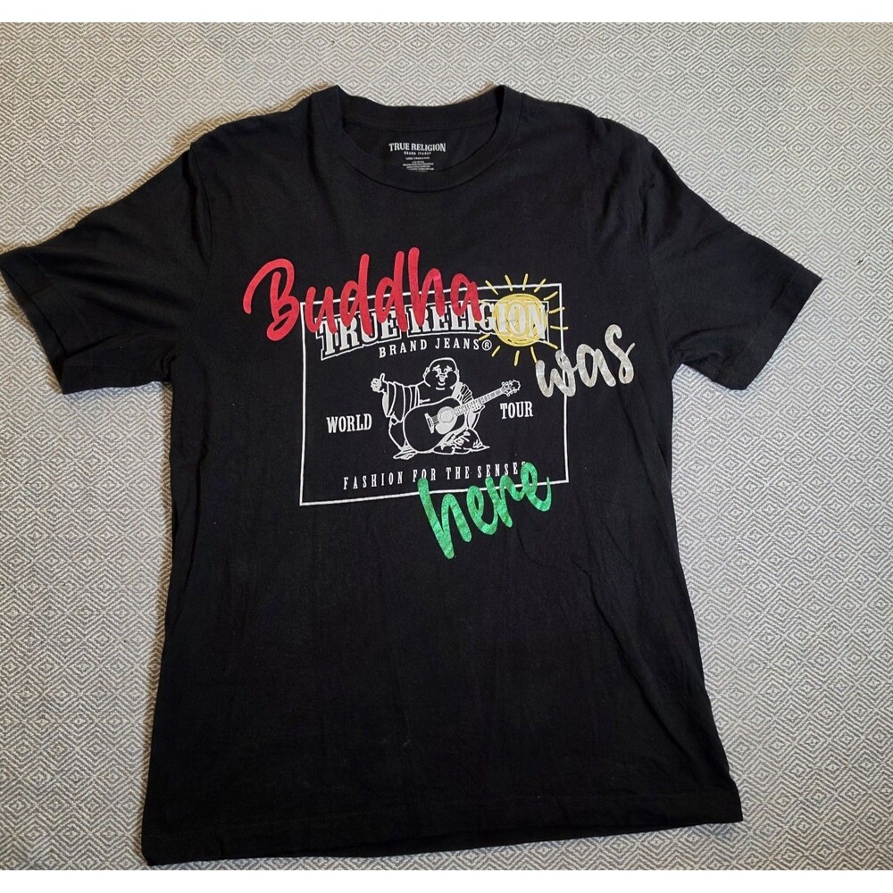 True Religion Brand Jeans Men’s Large Black Graphic T-Shirt World Tour Buddha